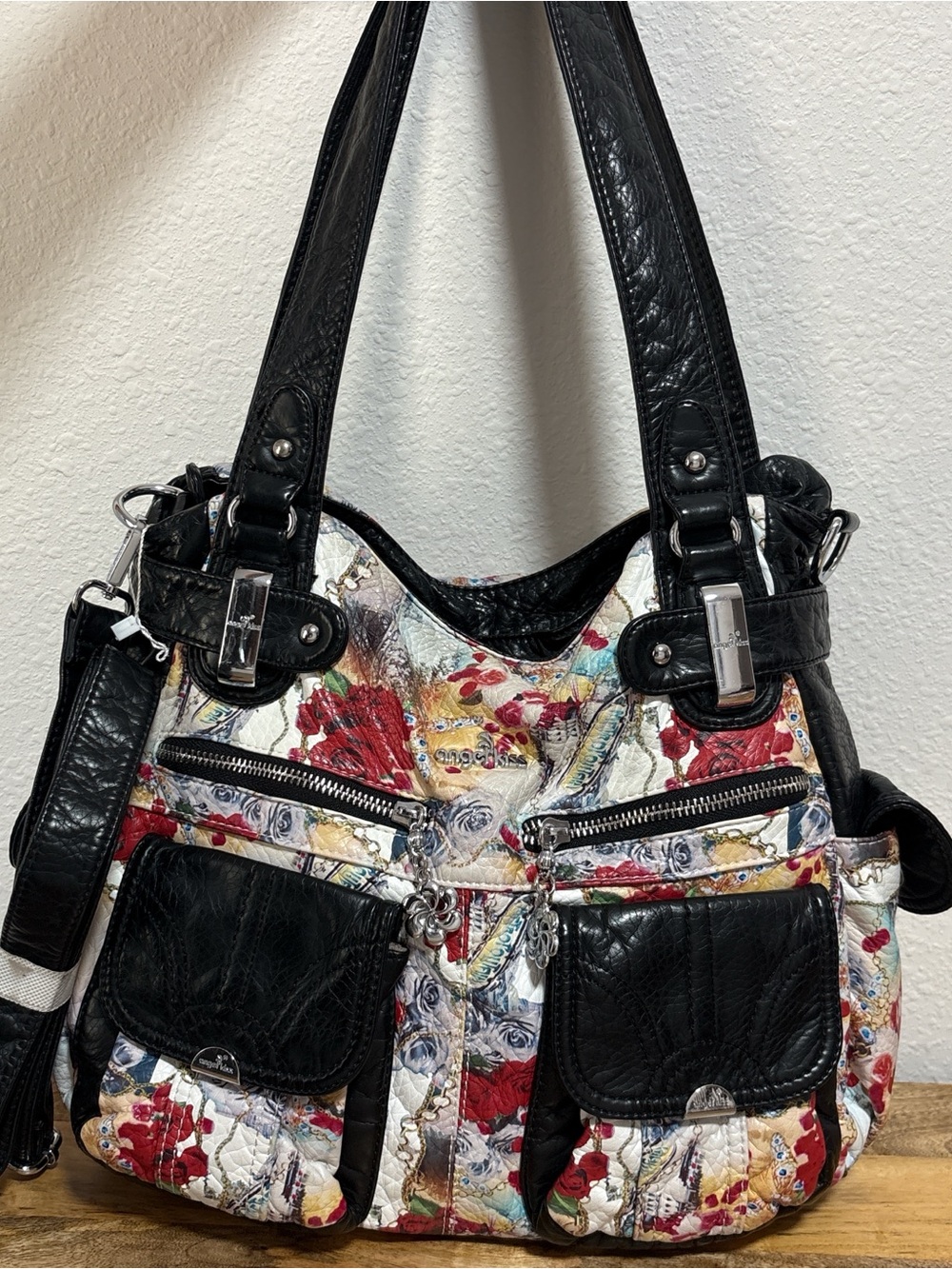 Angel Kiss Floral Y2K Shoulder Hobo Purse Black Detail and Silver Hardware NEW